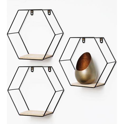 Set de 3 étagères murales hexagonales en métal avec tablette en bois - Noir