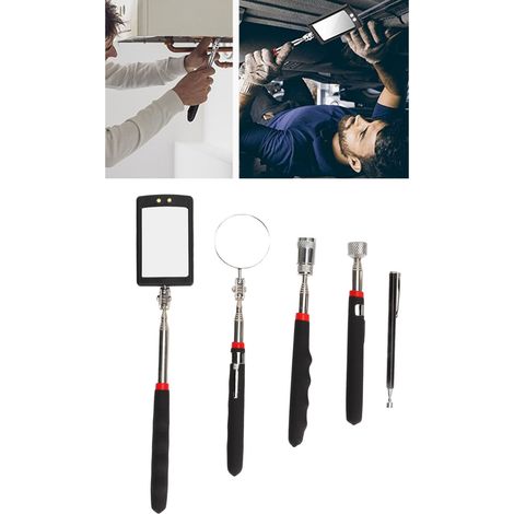 Ensemble d'outils de ramassage magnétique télescopique 5 pièces, ensemble de lunette d'examen télescopique : tige magnétique de 10 lb + tige magnétique LED de 8 lb + tige magnétique de 1,5 lb + miroir (1/5)