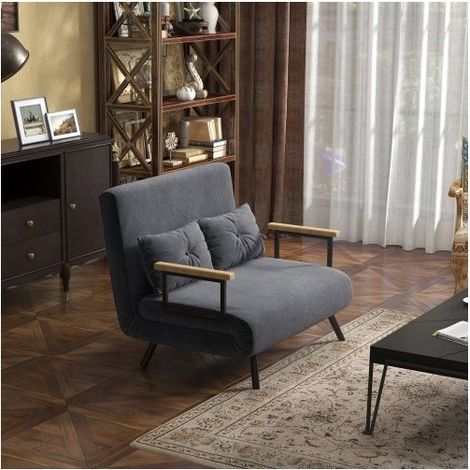 Clic-Clac 102x73x81cm Dossier Réglable 5 Positions - Banquette Clic-Clac - Lit Convertible Velours Gris Foncé Cadre Acier Coussins (1/5)