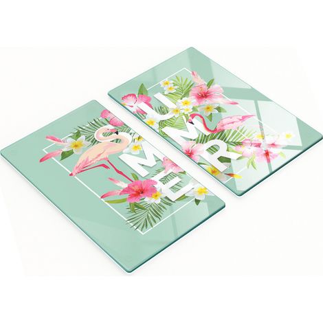 Dos tablas de cortar decorativas de vidrio templado con flamencos, 2x30x52 cm.