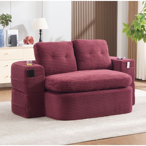 Canapé convertible 2-en-1 en velours côtelé émeraude, assise extra profonde, dossier haut, porte-gobelets - rouge (1/5)