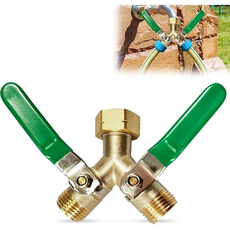 Robinet Double Sortie, Répartiteur D'eau, Répartiteur D'eau 2 Voies 3/4" Avec 2 Robinets D'arrêt Séparés, Distributeur En Y En Laiton,Répartiteur En Y 2 Voies En Laiton Pour Maison, Cour/Jardin (1/5)