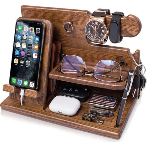 Gift idea for men – wooden desk organizer with phone and watch holder, docking station and watch stand, gift idea for birthdays or Father's Day – Beige (1/5)