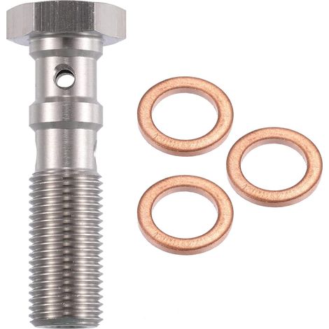 Boulon Banjo Double M10x1.0 38mm Pour Systeme De Freinage Couleur: Argenté, Doré, Matériau: Cuivre, Freinage, Moteur, Diamètre Rondelle: 10mm, Tête Vis: 16mm, 3 Rondelles (1/5)