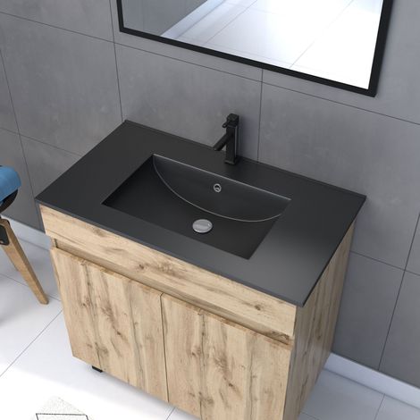 meuble salle de bain 80x80 cm - finition chene naturel + vasque noire + miroir - timber 80 - pack05 — vue 2
