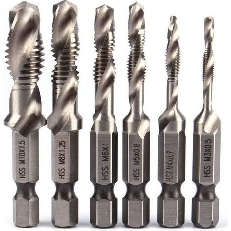 6pcs HSS Jeu de Foret Mèche à 1/4" Tige Hexagonale Set Robinet de Foreuse de Combinaison HSS Bit M3-M10 Filetage Métrique Drill Pour Bois fer Aluminium Argent (1/4)