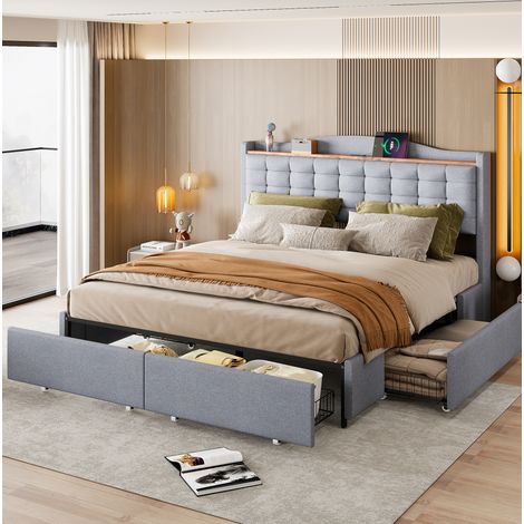 Cama tapizada moderna 160x200 cm gris, con cabecero USB y estante, 4 cajones, somier de láminas (1/5)
