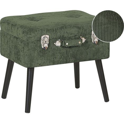 Taburete con almacenaje tapizado en pana verde con patas negras diseño de maleta abotonado Mallard