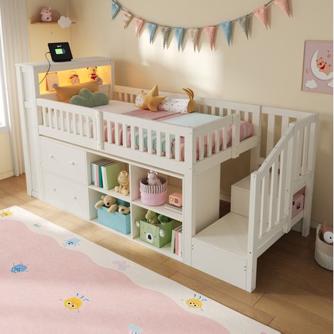 Letto semialto 90x200 cm bianco in pino e MDF con scrivania, scala contenitore, LED e prese USB (1/5)
