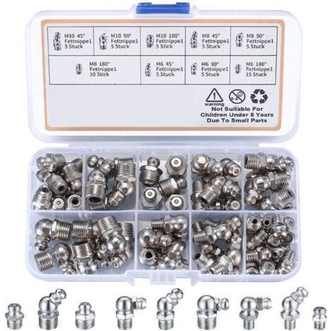 Houhence – Kit de 60 graisseurs à visser M6 M8 M10 – Angles 45° 90° 180° – Fer nickelé résistant à la corrosion – Pour machines industrielles (1/5)
