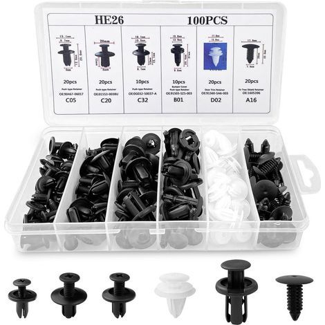 100 Pièces Clips Voiture Universel, 6 Taille Clips de Fixation Voiture Outils, Rivet Plastique, Agrafes Carrosserie pour Pare-Chocs Porte de Voiture Fender Push Kit de Remplacement (1/5)