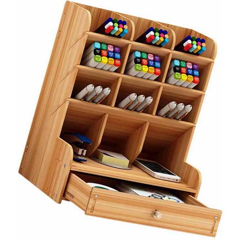 Grand Organisateur de Stylos Grande Capacité, Compartiments Multiples, Rangement Ergonomique pour Marqueurs, Bureau, Chambre, Maison, Couleur Bois de Cerisier (1/5)