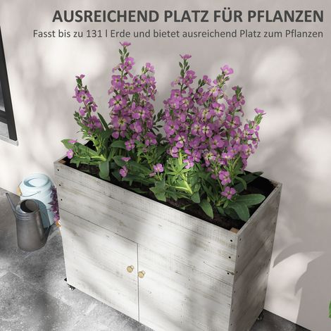 Potager surélevé mobile sur roues avec tiroir de rangement, doublure intérieure, finition patinée, 110 x 50 x 95 cm, blanc (1/4)