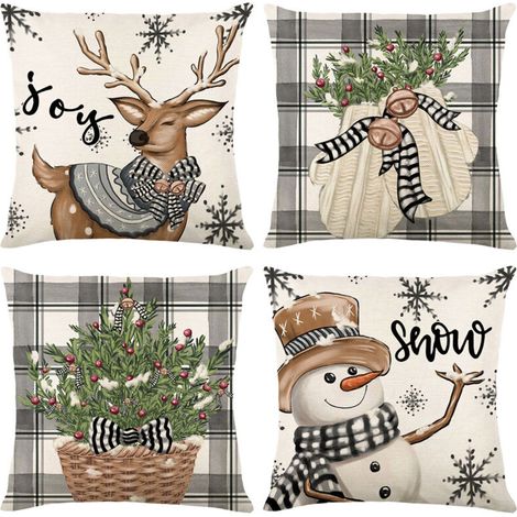 Lot de 4 Hiver Housse de Coussin Noel 45x45 cm, Bonhomme de Neige Gants Wapiti Eucalyptus Taie d'oreiller Parure de Oreiller de Décoration de Lit Noel Deco pour Chambres Canapé Noël Decoration (1/5)