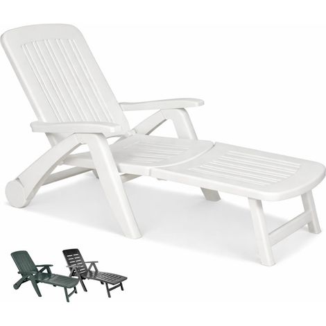 Lettino prendisole da giardino in plastica resistente con ruote - Misura 60x190x72 cm - Ideali per l’esterno, con schienale reclinabile e regolabile - Colore Bianco (1/5)