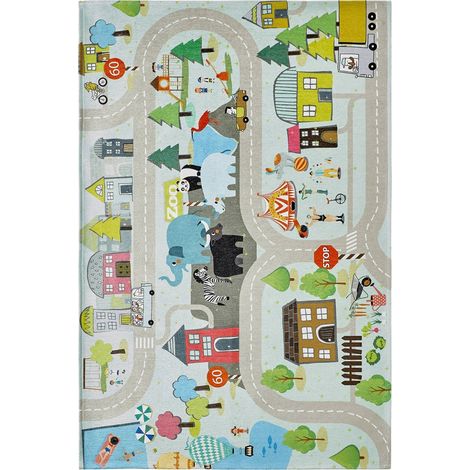 Tapis enfant street ville zoo doux jacquard multicolore - 120 x 80 cm (1/4)