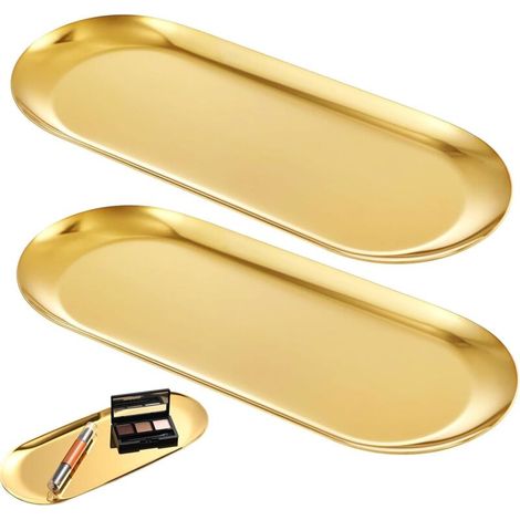 Lntyq Lot de 2 plateaux ovales en acier inoxydable doré, 22,8 cm de long, organisateur de cosmétiques et de bijoux, finition polie miroir, 2 pièces