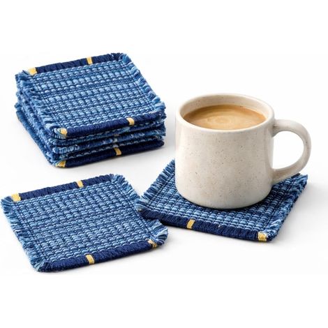 Posavasos redondos de algodón azul vaquero tejidos a mano, 6 unidades (10x10 cm), tapetes bohemios resistentes al calor. (1/5)