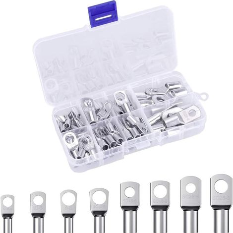 60 Pièces Bornes de Connecteurs en Cuivre Étamé, Boulon Trou Bornes, 8 Tailles Terminaux de Tuyaux en Cuivre Étamé à Haute Température pour Sertissage de Fils Életeur, Cosses de Câble