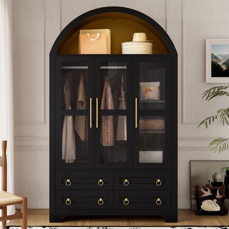 Armario ropero - 110 x 50 x 186 cm - 3 puertas de cristal, 4 cajones, barra para colgar, iluminación led app - estilo moderno de arco - MDF - negro (1/5)