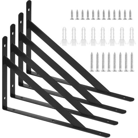 4 Pcs Equerre Etagere Murale, Supports Angulaires Droits de 90 Degrés en Acier, Support D'étagère Murale 250 x 160mm, avec 20 pcs Vis et 8 pcs Ancres pour Salon Chambre Bibliothèque (Noir)