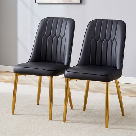 Set di 2 sedie da pranzo in ecopelle e metallo con schienale, stile moderno, nero e oro (1/5)