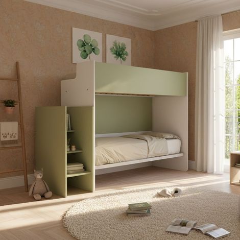 Letto a castello minimalista con terzo letto estraibile - Bianco e Salvia (1/5)