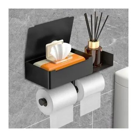 Porte-papier toilette mural noir – Boîte à mouchoirs intégrée – Support pour 2 rouleaux – Acier inoxydable résistant à l (1/5)