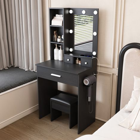 Coiffeuse 60/131,5/38 cm noire avec LED, prise et tabouret (1/5)