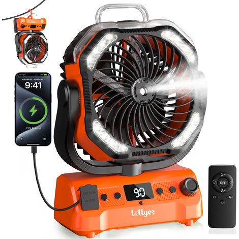 Ventilateur de camping silencieux avec lumière, ventilateur sans fil portable, batterie rechargeable 20000mAh de ventilateur de brouillard avec rotation et minuteur, crochet de suspension pour bureau (1/5)