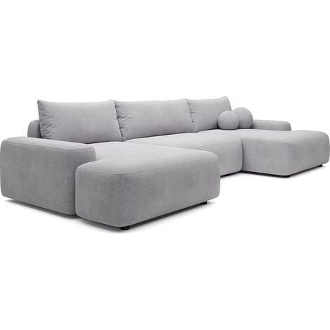 Grand canapé d'angle panoramique convertible en tissu texturé gris clair DAVISO (1/4)