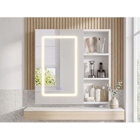 Armoire de Toilette LED 1 Porte 60x60 cm - Meuble Miroir Salle de Bain Anti-Buée, Éclairage Tactile 3 Niveaux et Étagères Réglables
