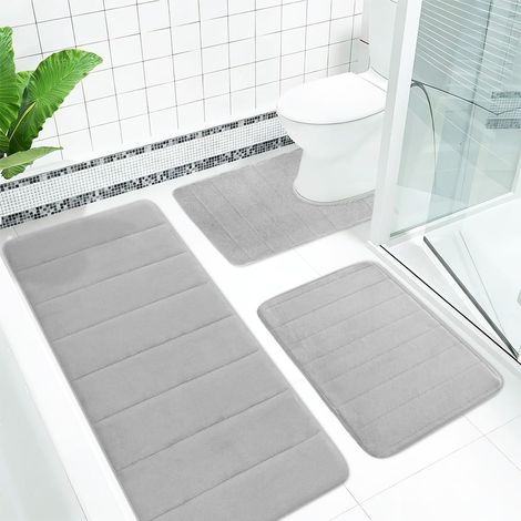 Lot de 3 tapis de bain en mousse à mémoire de forme - Tapis de bain absorbant - Doux et à séchage rapide - Antidérapant et lavable - Pour douche, WC et baignoire - Gris clair (1/5)