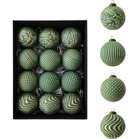 - Lot de 12 boules de Noël style antique 8 cm - Décorations suspendues pour arbre de Noël en plastique vintage pour intérieur, maison ou vitrine de magasin - Affichage saisonnier (Vert) (1/5)