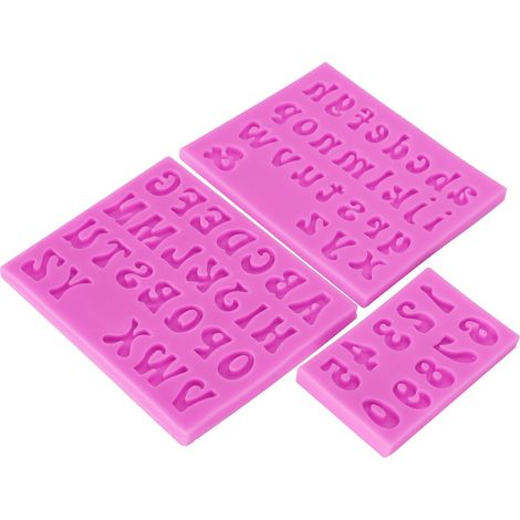 3 alphanumerische Silikonformen (Groß- und Kleinbuchstaben) zur Herstellung von Kuchen, Modelliermasse und rosa Schokolade (1/5)