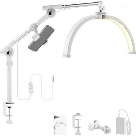 Lampe de Table Demi-lune 55cm avec Support de Téléphone et Pince de Bureau Articulée, Lampe LED Pliable 32W pour Nail Art, Maquillage, Tatouage, Enregistrement Vidéo, HM03-D (1/5)