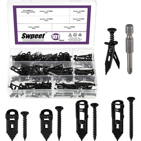 201 Pieces Drywall Wall Anchors Self Drilling 4 Sizes Black with Screws and Drills No Drilling Holes in Wall for TV Bike Shelf Straps Curtain Decoration (1/5)