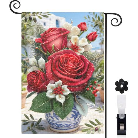Drapeau vertical roses rouges et fleurs blanches 30 x 45 cm décoration cour et extérieur (1/5)