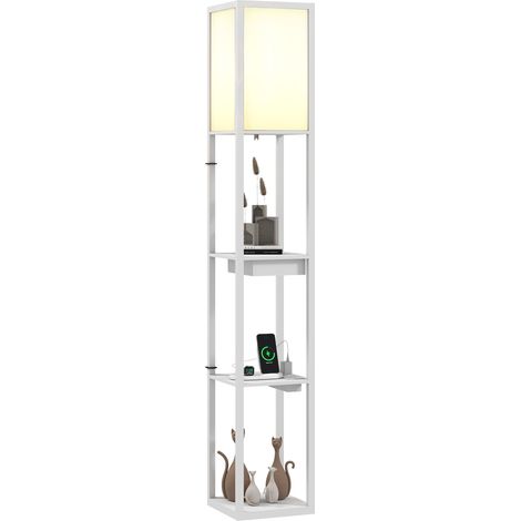 Stehlampe mit 3-stufigem Regal, Fußschalter, USB-Anschlüssen, MDF, Weiß (1/5)