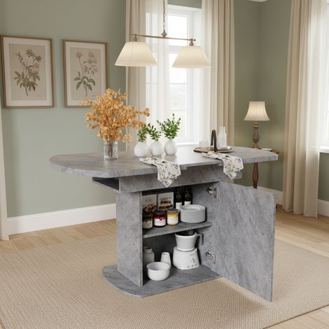 Extendable oval dining table, 110/130cm long70 cm wide, with storage function,modern minimalist style, space-saving multi-functional dining table, cement grey+silver handles