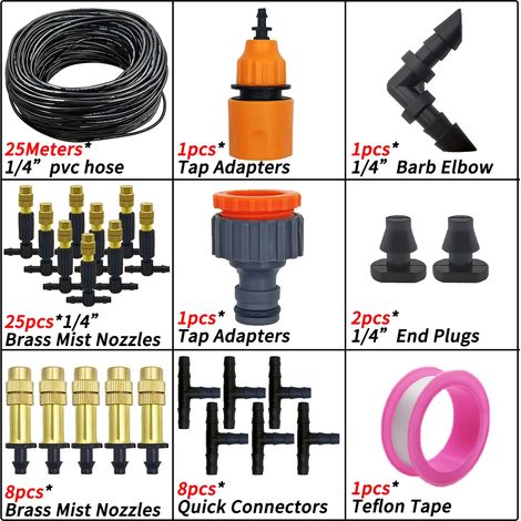 (KIT001--25M) Système de brumisation pour jardin, arrosage goutte à goutte extérieur, buses atomiseur en laiton 1/4'', tuyau 4/7 mm, pour serre ou parasol (1/5)