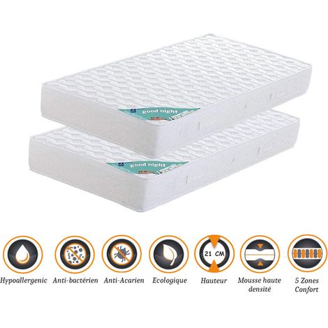 Lot de 2 Matelas 90x200 x 21 cm + 2 Alèses + 2 Oreillers Visco - Ferme - Aertech+ 35 Kg/m3 HR Haute Densité- 5 Zones de Confort (1/4)