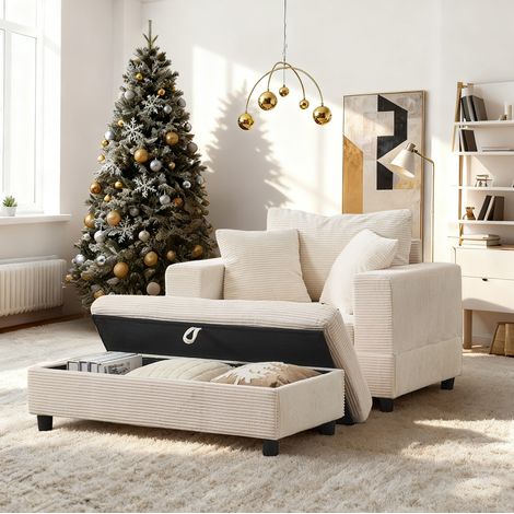 Chaise longue beige in legno e metallo con contenitore e rivestimento in velluto a coste (1/5)