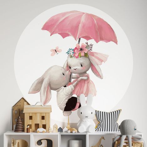 Sticker mural rond / cercle Enfants - Lapins Parapluie - Diamètre 30 cm - Adhésif MAT (1/2)