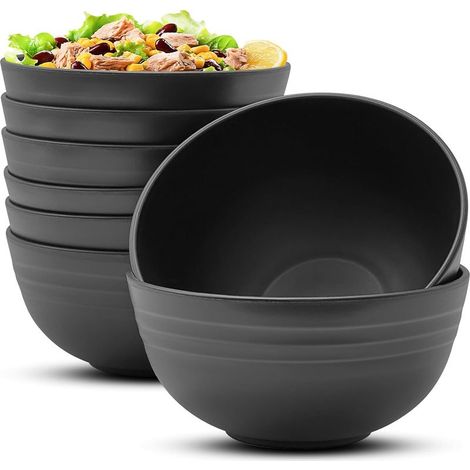 bol à céréales, lot de 8 bols à salade, saladier à petit-déjeuner de grande capacité, sans bpa, léger et incassable, plastique grand bols pour soupe salade céréales fruits(noir) (1/5)