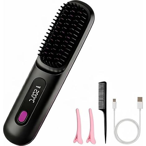 Brosse chauffante 3-en-1 pour cheveux courts et longs, Lisseur sans fil avec écran LED et protection céramique, rechargeable par USB - Idéale pour les voyages, température réglable de 160 à 200°C (1/5)