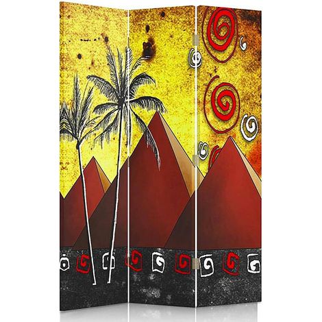 Paravent Décoratif Pyramides et Palmiers en 3 Volets - 110 x 180 cm - 1 face déco, 1 face noir