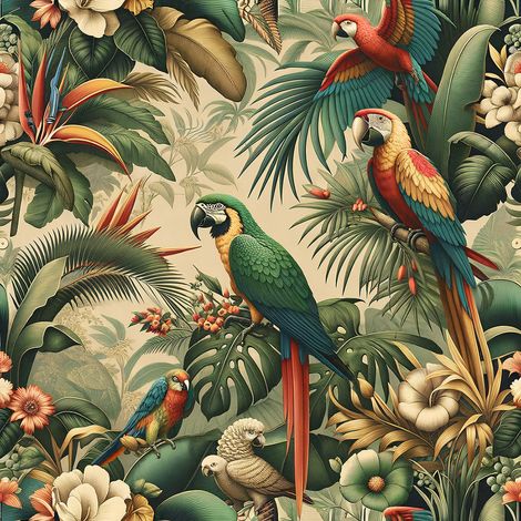 Papier peint panoramique - Jungle Perroquets - 195 cm x 195 cm (1/2)