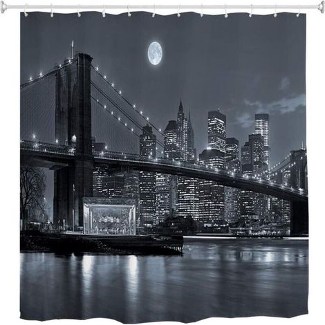 180x200cm Shower Curtain Anti Mold Waterproof Fabric New York City Brooklyn Bridge Manhattan Skyline Black White Polyester Waterproof Curtain for Bathroom Bathtub with Hooks (1/3)