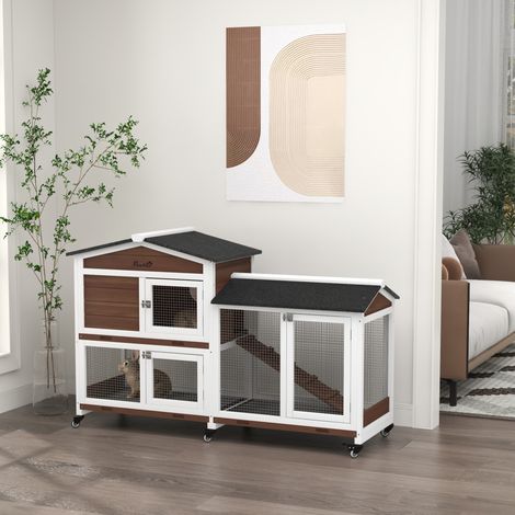Conejera Exterior 157,4x53x99,5cm Jaula para Conejos Grande con Ruedas Techo Asfáltico Bandejas Extraíbles Rampa Marrón (1/5)